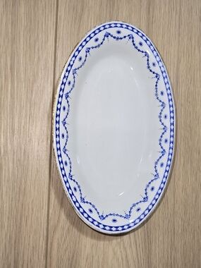 ​Antique Nippon Blue White Transferware Oval Dish Small Platter Gilt Trim 8 Inch